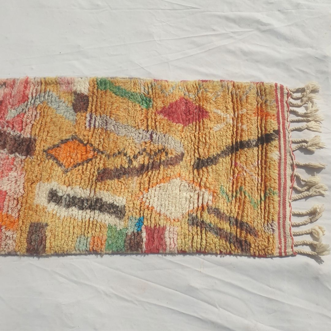 Tayrya - Slim Red and Mustard Moroccan Runner Rug with Scattered Symbols and Colourful Marks - Handwoven Berber Carpet | 2'2"x10'6" Ft | 68x322 cm - OunizZ