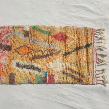 Tayrya - Slim Red and Mustard Moroccan Runner Rug with Scattered Symbols and Colourful Marks - Handwoven Berber Carpet | 2'2"x10'6" Ft | 68x322 cm - OunizZ