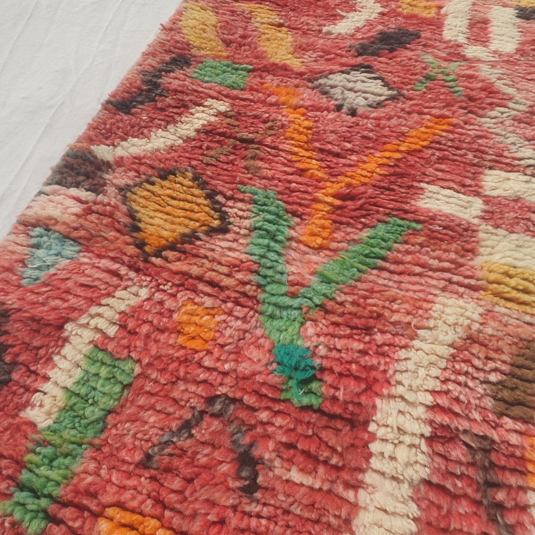 Tayrya - Slim Red and Mustard Moroccan Runner Rug with Scattered Symbols and Colourful Marks - Handwoven Berber Carpet | 2'2"x10'6" Ft | 68x322 cm - OunizZ