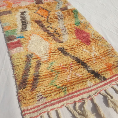 Tayrya - Slim Red and Mustard Moroccan Runner Rug with Scattered Symbols and Colourful Marks - Handwoven Berber Carpet | 2'2"x10'6" Ft | 68x322 cm - OunizZ