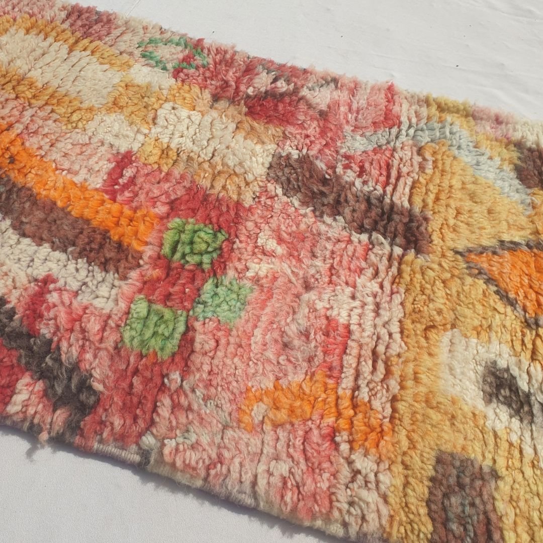 Tayrya - Slim Red and Mustard Moroccan Runner Rug with Scattered Symbols and Colourful Marks - Handwoven Berber Carpet | 2'2"x10'6" Ft | 68x322 cm - OunizZ