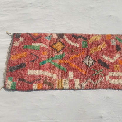 Tayrya - Slim Red and Mustard Moroccan Runner Rug with Scattered Symbols and Colourful Marks - Handwoven Berber Carpet | 2'2"x10'6" Ft | 68x322 cm - OunizZ