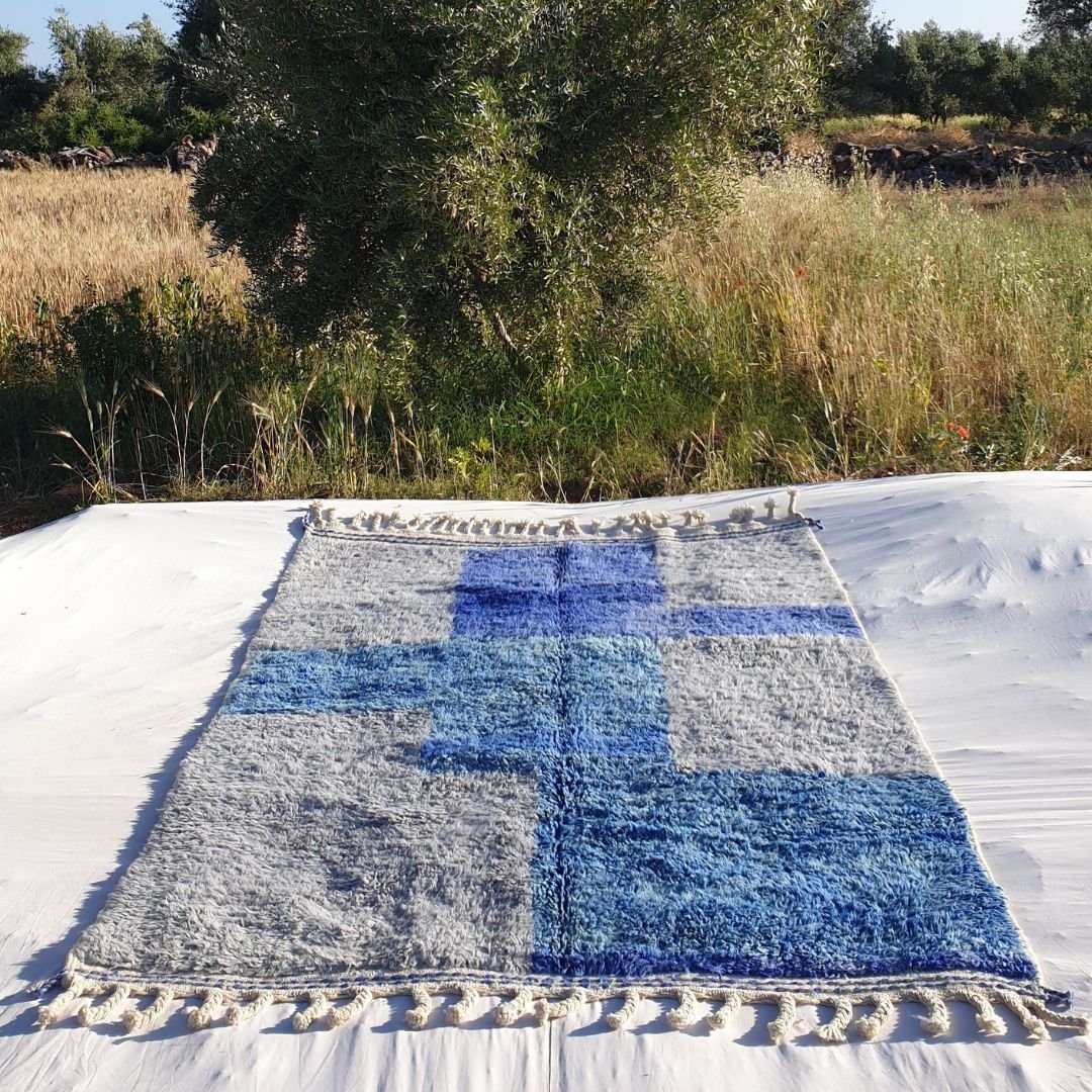 Tinagha | Beni Ourain 6x9 Blue Moroccan Rug Ultra Soft | Handmade Berber Wool Carpet | 6'70x9'64 Ft | 204x294 cm - OunizZ
