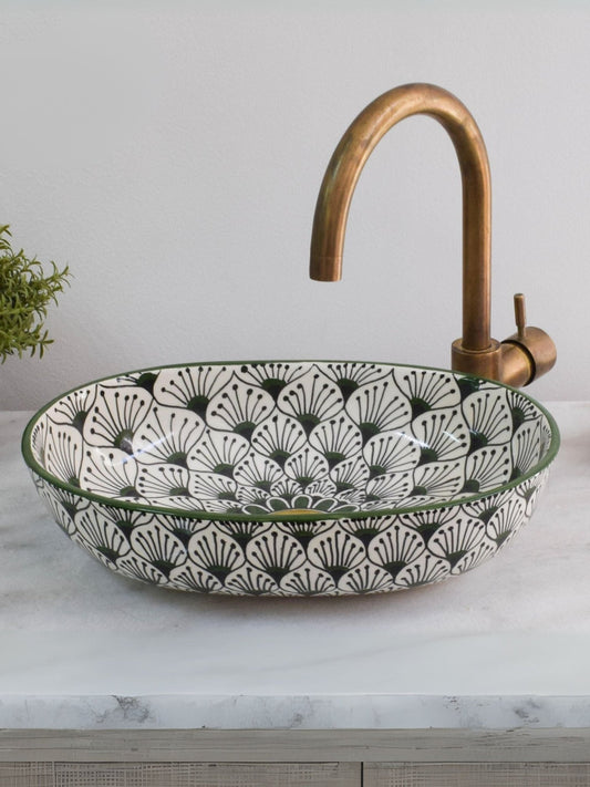 Tirana - Green Oval Ceramic Vanity Sink – Artisan - Made Bathroom Basin - (ETAT) - OunizZ