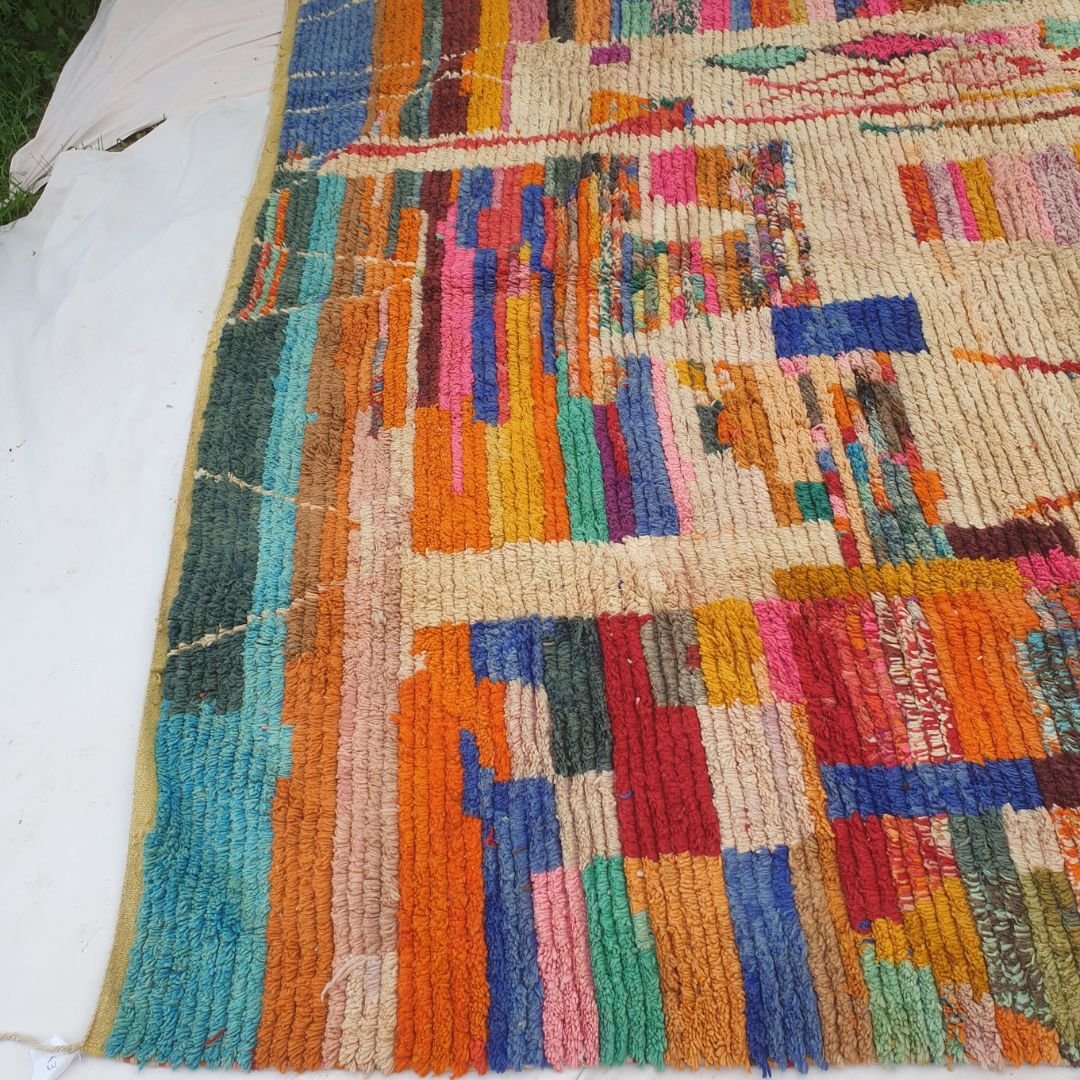 Tmaca - 10x12 Moroccan Rug - Cream Multicolor Stripe Patchwork Boujad Berber Handwoven Wool Carpet | 10'2"×12'5" Ft | 311×380 cm - OunizZ