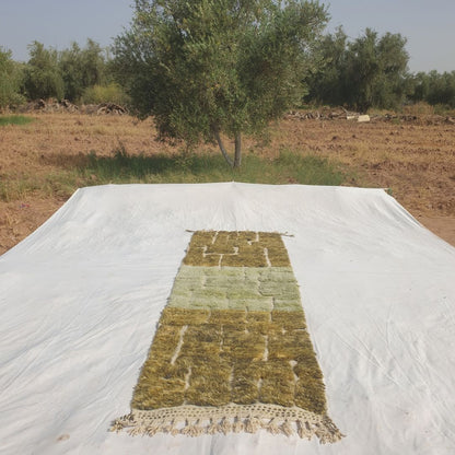 Tomania - Olive Green Beni Ourain Runner Rug with Brick Mosaic Pattern - Handwoven Berber Carpet | 2'9"x9' Ft | 84x275 cm - OunizZ