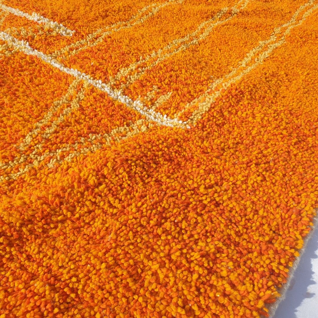 Trigia | Handmade Boujad Rug 6x10 ft – Vibrant Orange & Yellow Abstract Geometric Moroccan Wool Carpet | 6'5"x10'2" ft | 196x309 cm - OunizZ