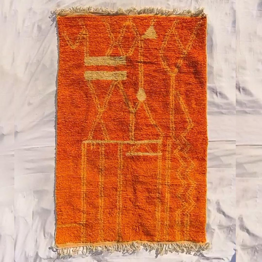Trigia | Handmade Boujad Rug 6x10 ft – Vibrant Orange & Yellow Abstract Geometric Moroccan Wool Carpet | 6'5"x10'2" ft | 196x309 cm - OunizZ