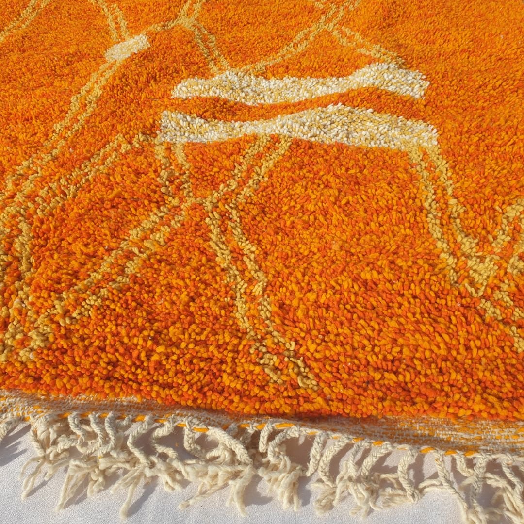 Trigia | Handmade Boujad Rug 6x10 ft – Vibrant Orange & Yellow Abstract Geometric Moroccan Wool Carpet | 6'5"x10'2" ft | 196x309 cm - OunizZ