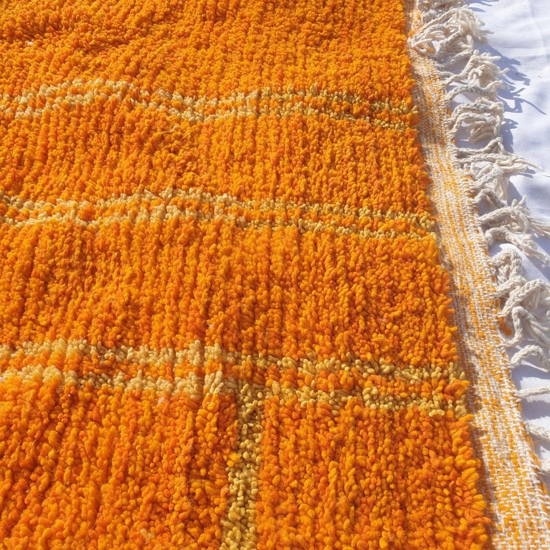 Trigia | Handmade Boujad Rug 6x10 ft – Vibrant Orange & Yellow Abstract Geometric Moroccan Wool Carpet | 6'5"x10'2" ft | 196x309 cm - OunizZ