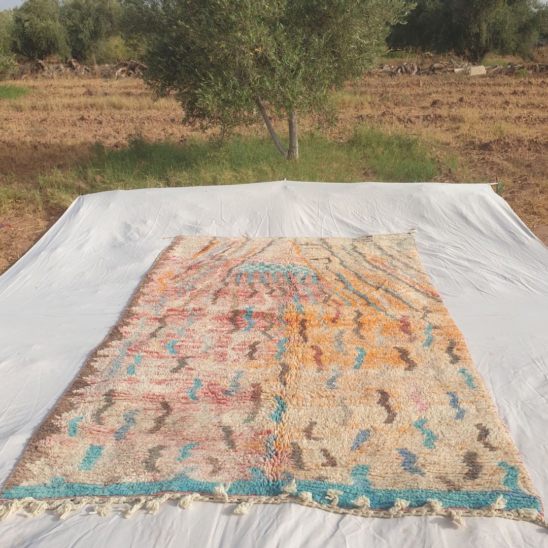Yajina - Pink & Teal Moroccan Boujad Rug with Camel Motif and Zigzag Pattern - Handwoven Berber Carpet | 6'1"x10' Ft | 186x306 cm - OunizZ