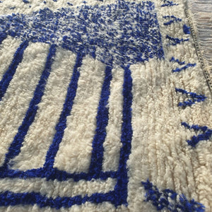 Yalma- White Moroccan Rug 6x9 Azilal Blue strips | Authentic Handmade Berber Living room Rug | 195x300 cm | 6'40x9'84 ft - OunizZ