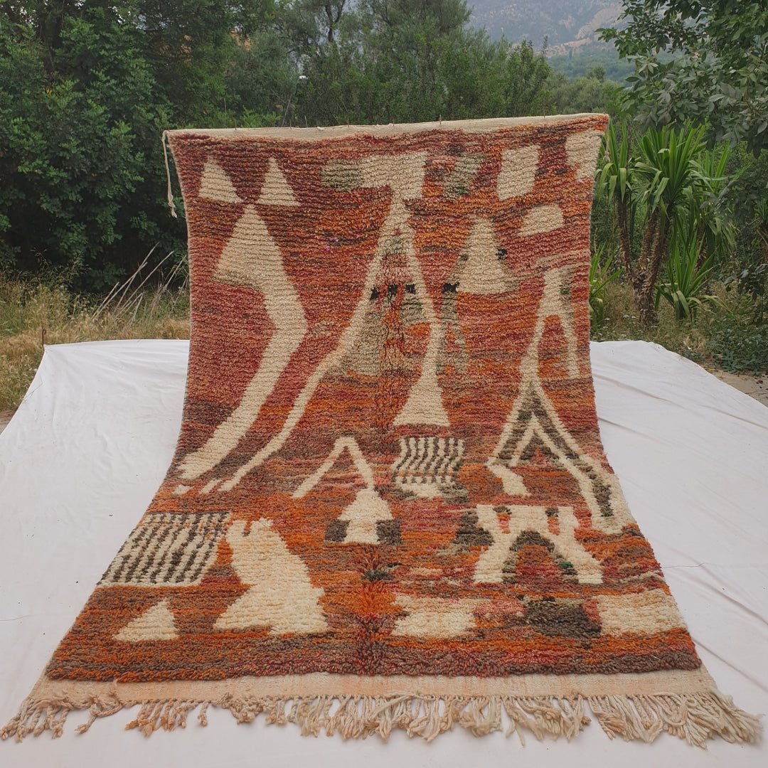Zafla - Rust Moroccan Rug with Cream Triangle Mountain Design - Handwoven Berber Carpet | 6'3"x10'4" Ft | 191x316 cm - OunizZ