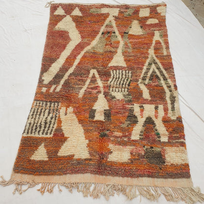 Zafla - Rust Moroccan Rug with Cream Triangle Mountain Design - Handwoven Berber Carpet | 6'3"x10'4" Ft | 191x316 cm - OunizZ