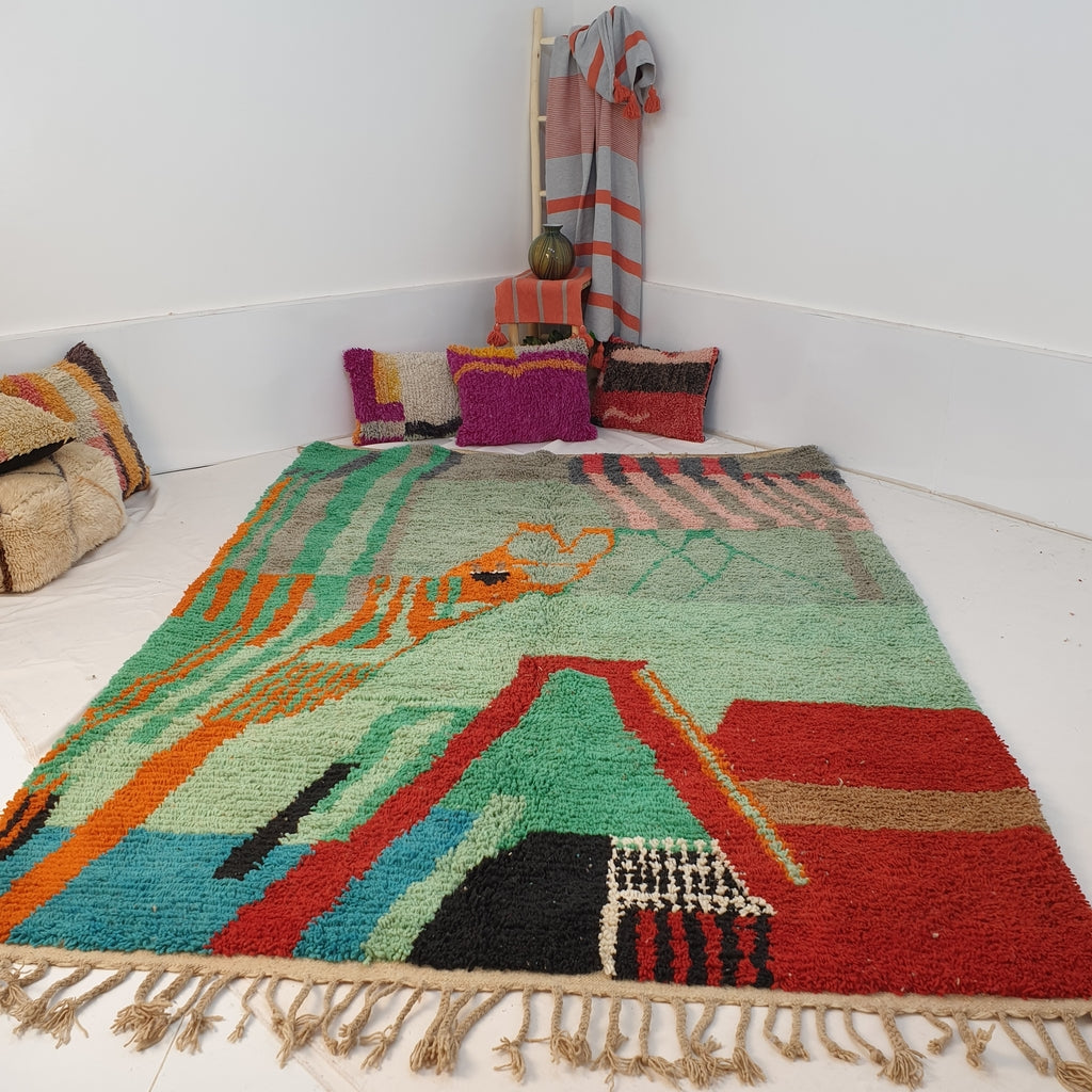 Marockansk matta Boujaad Grön Vardagsrum & Sovrumsmatta | 9'8x6'8 Ft | 300x207 cm | HAFYAN | 100% ull handgjorda