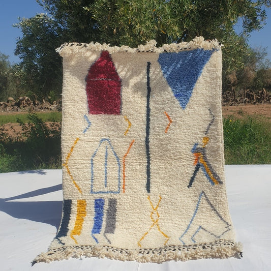 Baska - BENI OUARAIN Moroccan White Rug for Bedroom | Moroccan High Pile Area Rug Berber Authentic Wool | 5x3'5 Ft | 151x107 cm - OunizZ