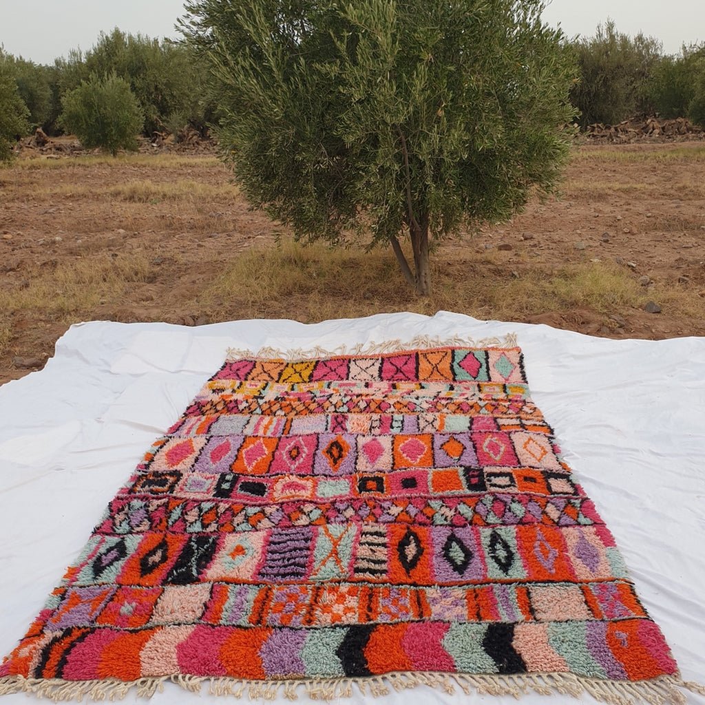 BENI OUARAIN RUG Soft & Thick Red Orange Pink Living Room Carpet | Moroccan High Pile Area Rug Berber Authentic Wool | 10'3x6'5 Ft | 3,14x2,00 m | Mayssa - OunizZ