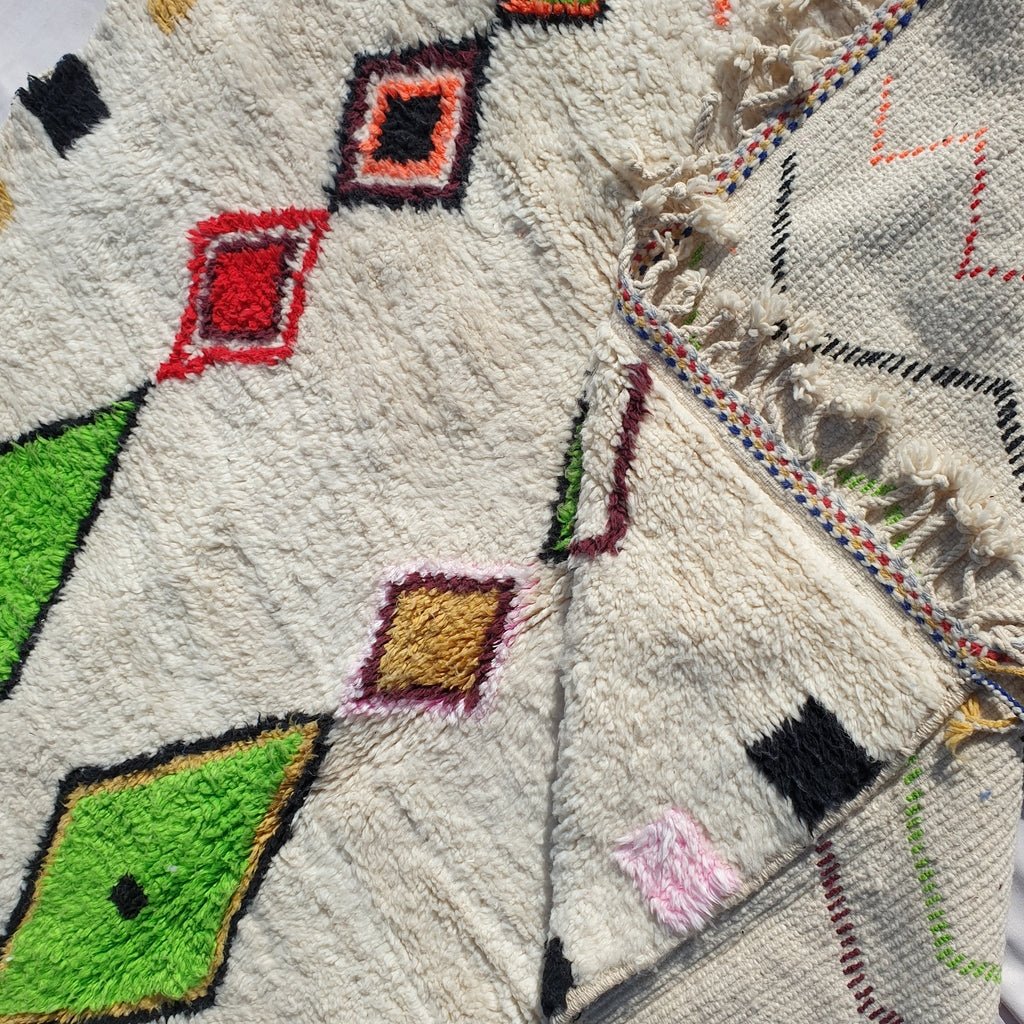 BENI OUARAIN RUG White Living Room Carpet | Moroccan High Pile Area Rug Berber Authentic Wool | 9'8x6'7 Ft | 3x2 m | Tissa - OunizZ