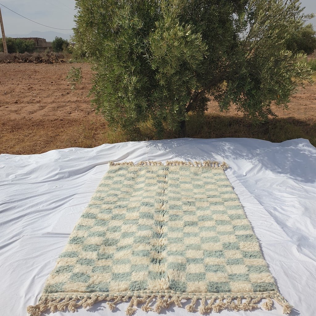 Checkered Rug Beni Ouarain Moroccan Blue Carpet | 7'8x5' Ft | 2,37x1,54 m | DAMA | 100% wool handmade - OunizZ