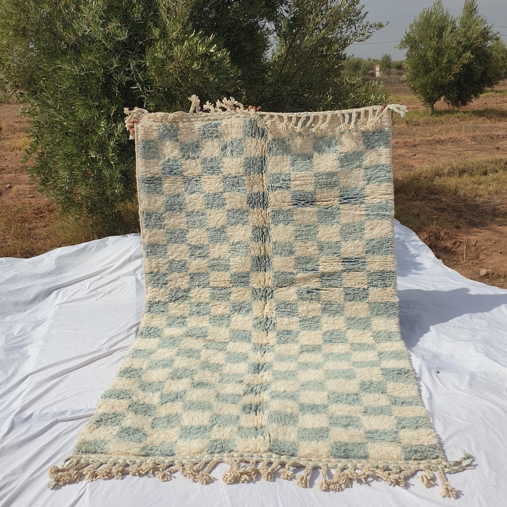 Checkered Rug Beni Ouarain Moroccan Blue Carpet | 7'8x5' Ft | 2,37x1,54 m | DAMA | 100% wool handmade - OunizZ