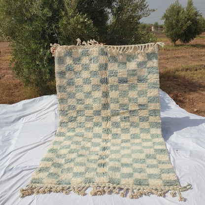 Checkered Rug Beni Ouarain Moroccan Blue Carpet | 7'8x5' Ft | 2,37x1,54 m | DAMA | 100% wool handmade - OunizZ