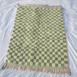 Checkered Rug Beni Ourain Moroccan Green Carpet | 8x5'9 Ft | 2,43x1,80 m | DAMA | 100% wool handmade - OunizZ