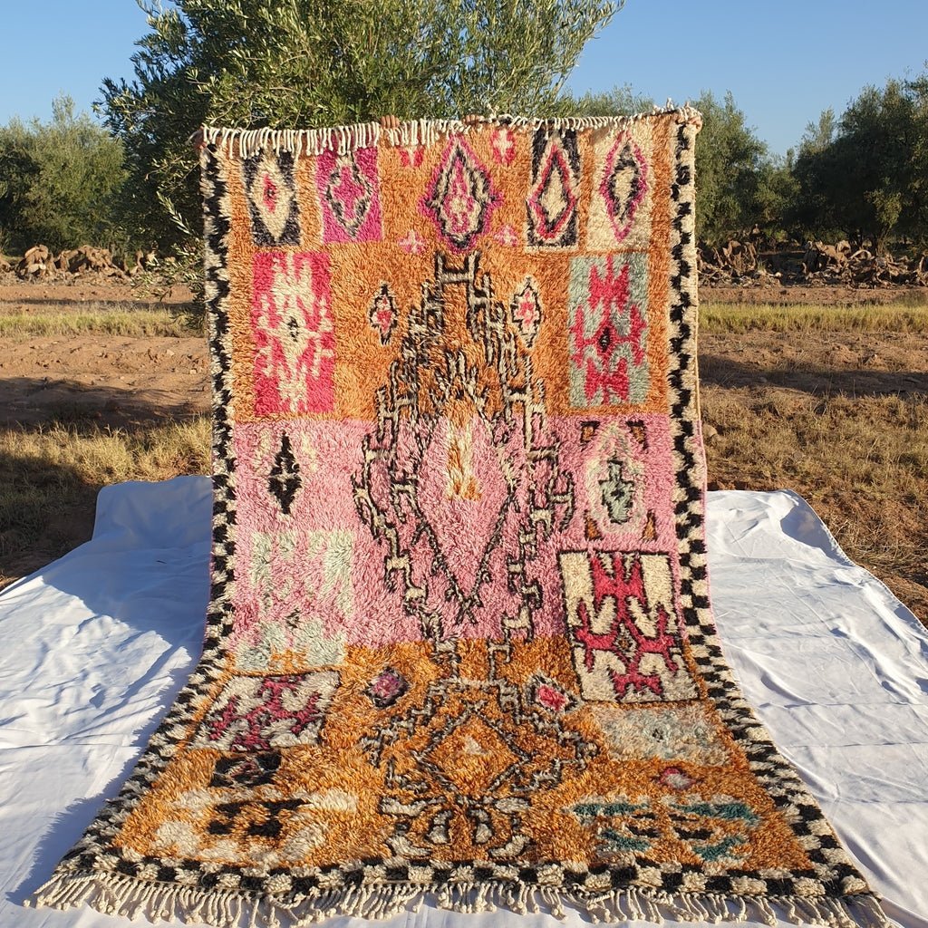Customized BENI OUARAIN RUG Soft & Thick Pink Orange Living Room Carpet | Moroccan High Pile Area Rug Berber Authentic Wool | 2,6x2 m | Sarhana - OunizZ