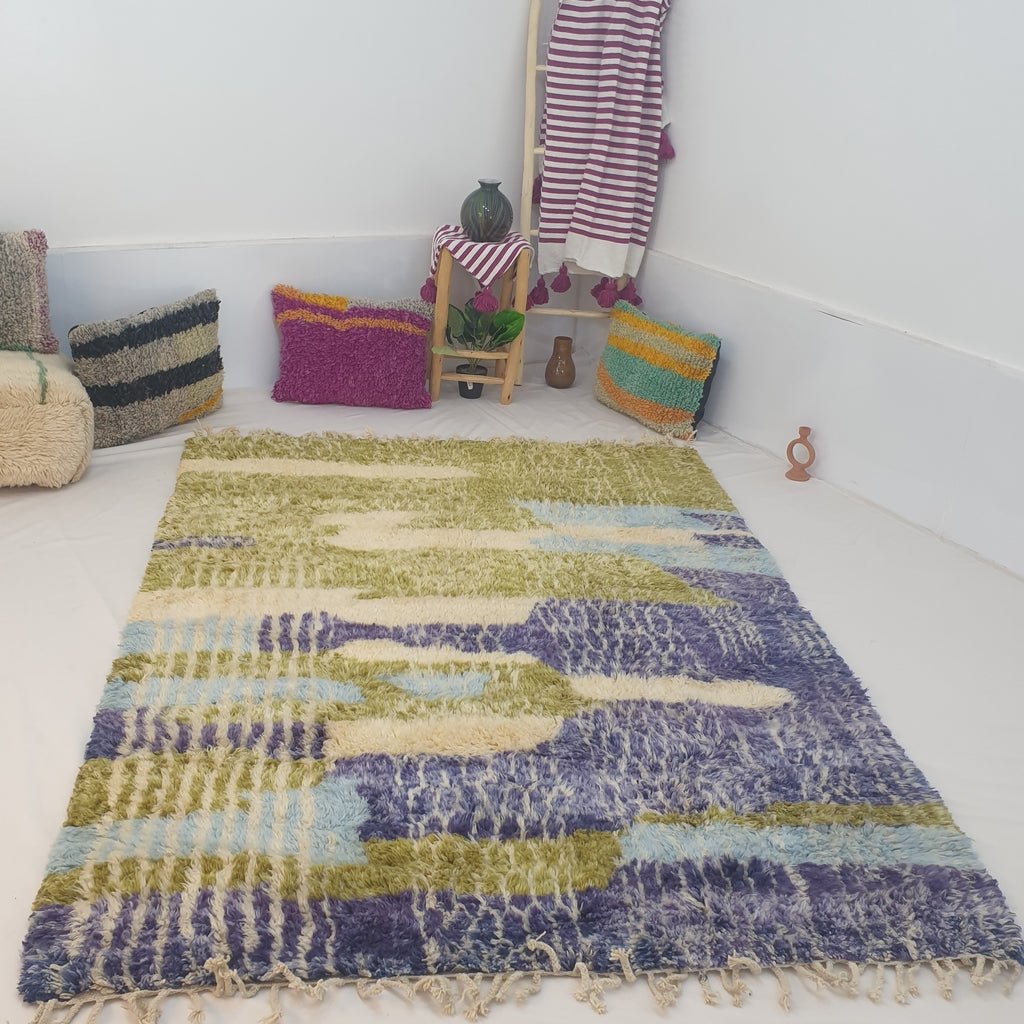 Moroccan Beni Ouarain Green & Blue Rug | KIZAM | 7'5 x 5'6 Ft | 2,3x1,7 m | 100% wool handmade - OunizZ