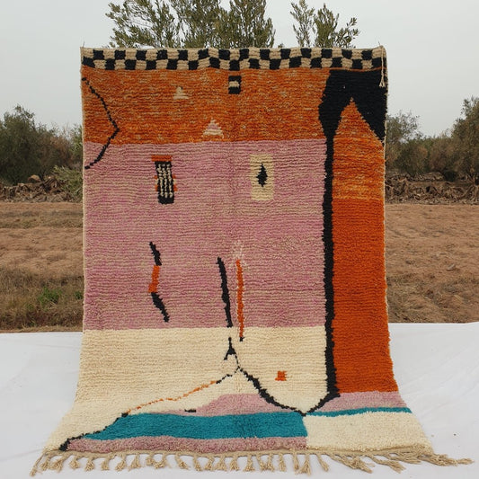 MOROCCAN BOUJAAD RUG | Moroccan Berber Rug | Orange & Pink Rug Moroccan Carpet | Authentic Handmade Berber Bedroom Rugs | 9'7x6'8 Ft | 2,96x2,07 m - OunizZ