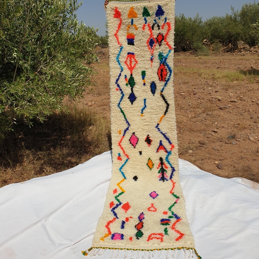 Moroccan Runner Rug | Authentic Azilal Runner | Colorful Wool Rug | Berber Runner | Hallway Runner | Handwoven | Geometric | 9'8 x 2'5 Ft - OunizZ