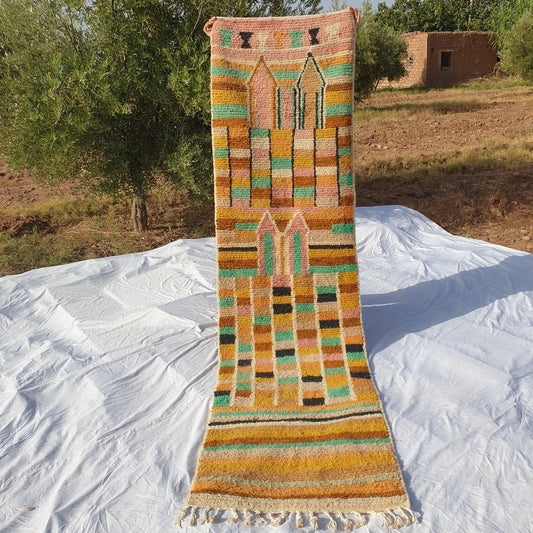 Moroccan Runner Rug | Authentic Boujaad Runner | Colorful Wool Rug | Berber Runner | Lightweight | Hallway Runner | Geometric | 9'8 x 2'7 Ft | 300x82 cm - OunizZ