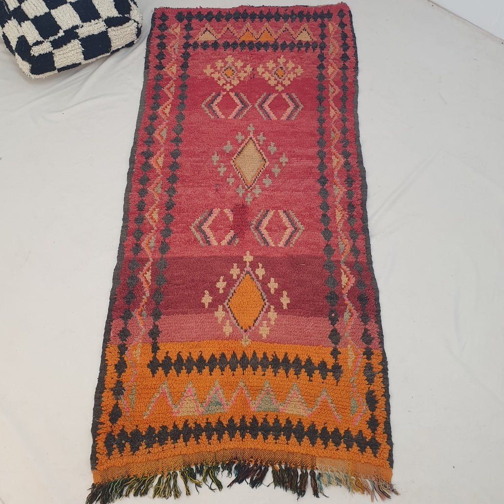 Moroccan VINTAGE Orange & Red Rug | 7'9x3'6 Ft | 2,41x1,09 m | GHARBANA | 100% wool handmade - OunizZ