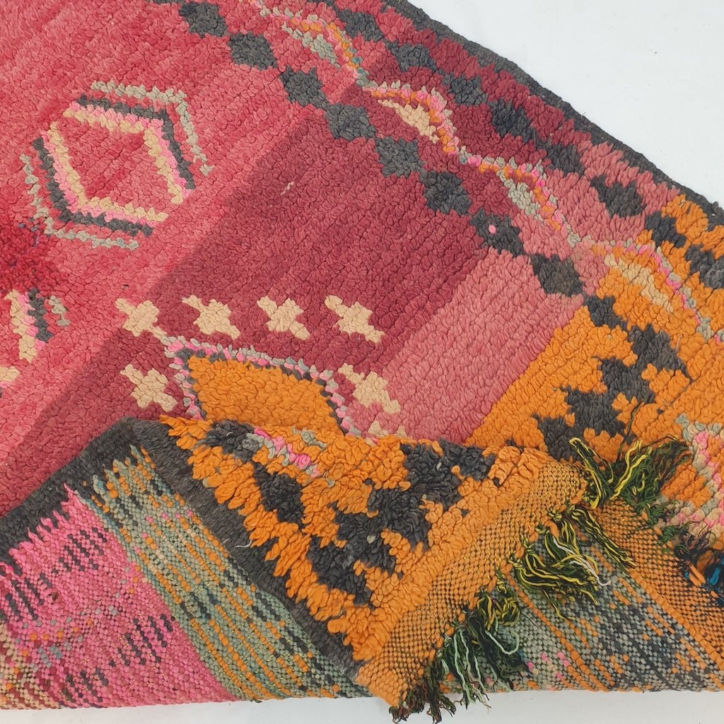 Moroccan VINTAGE Orange & Red Rug | 7'9x3'6 Ft | 2,41x1,09 m | GHARBANA | 100% wool handmade - OunizZ