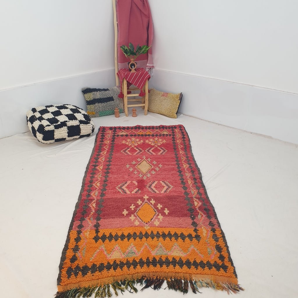 Moroccan VINTAGE Orange & Red Rug | 7'9x3'6 Ft | 2,41x1,09 m | GHARBANA | 100% wool handmade - OunizZ