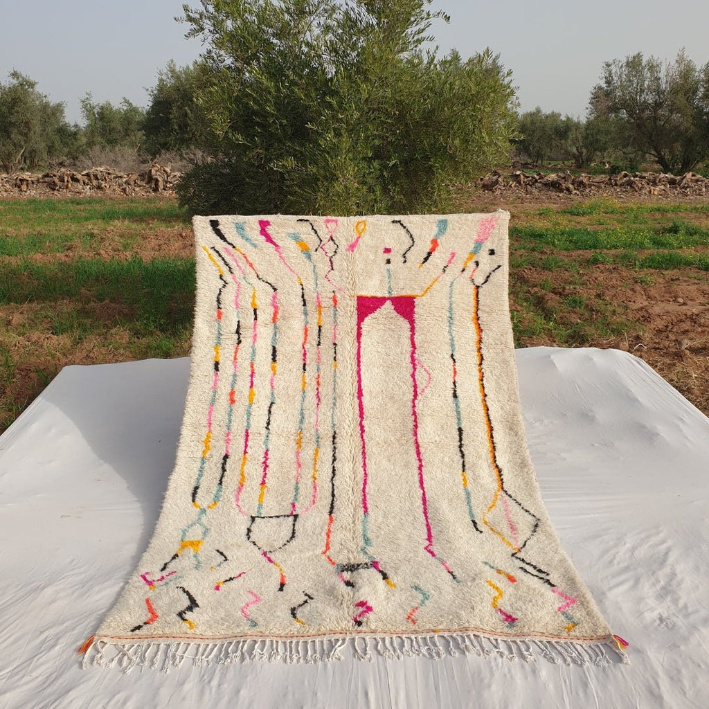 Sayam - Moroccan Rug 6x10 White Azilal | Authentic Berber Moroccan Living room Rug | Handmade 100% Wool Rug | 305x202 cm | 10x6'62 ft - OunizZ