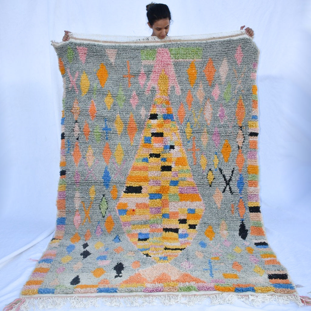 TIFERD | 8x5 fod | 2,5x1,5 m | Marokkansk farverigt tæppe | 100% uld håndlavet