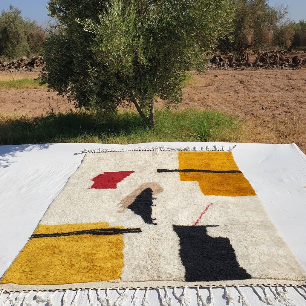 Wahida Moroccan Rug Beni Ourain White and Yellow Mustard | 9'80x6'80 Ft | 300x207 cm | 100% wool handmade - OunizZ